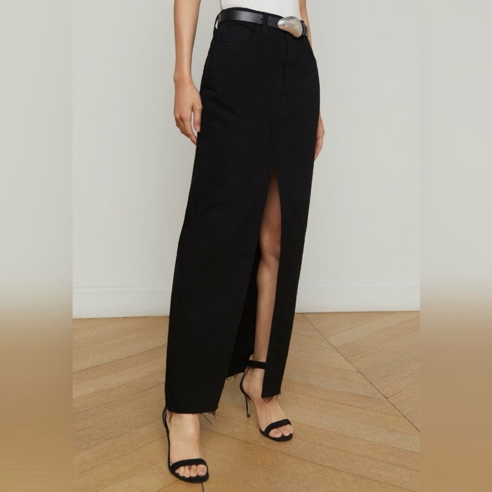 L'AGENCE Rysa Jean Maxi Skirt Black Denim Slit Size 28 Raw Hem Zip Fly Luxury